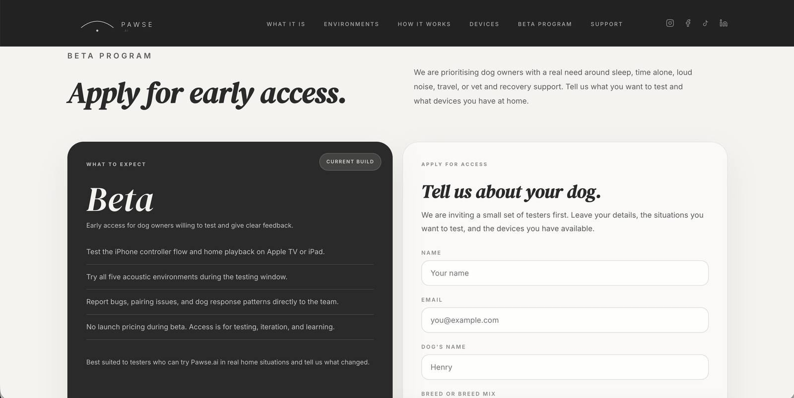Pawse.ai beta program page example